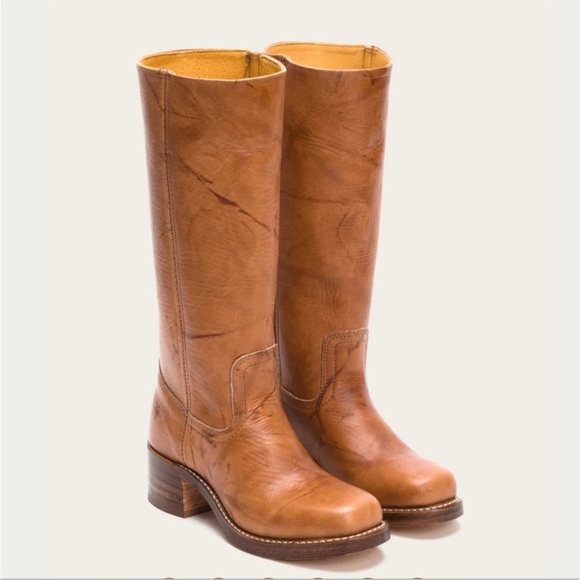 $599 Frye Campus 14L Cognac Leather Block Heel Square Knee High Tall Cowboy Boot - Picture 3 of 15